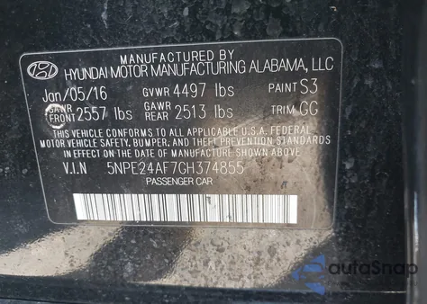 2016 Hyundai Sonata Se z USA, uszkodzony, nr VIN 5NPE24AF7GH374855
